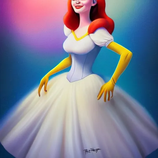 Image similar to digital painting of Emma Stone as a Disney princess wearingSnow White's dress, Pixar style, professional studio lightening, volumetric lightening, photorealism by Tristan Eaton Stanley Artgerm and Tom Bagshaw