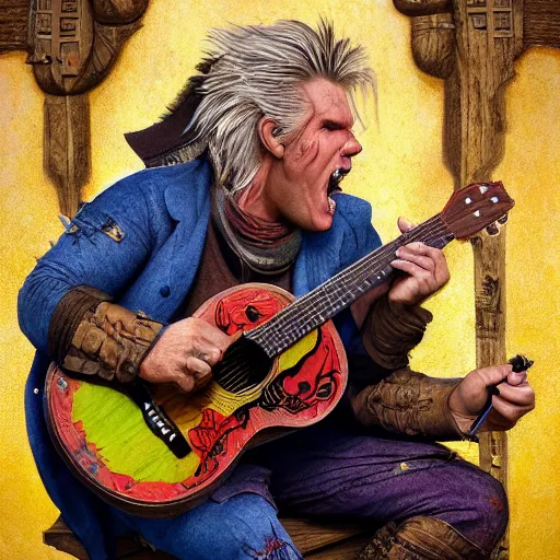 Prompt: detailed photo of a Half-orc bard portrayed by Gary Busey playing a lute on a wooden stage, 8k,by Tristan Eaton, Stanley Artgermm, Tom Bagshaw, Greg Rutkowski, Carne Griffiths, trending on DeviantArt, face enhance, hyper detailed ,full of color, dramatic lightning, epic stance