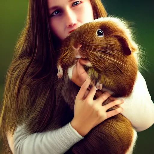 Prompt: Caucasian white girl holding her dark brown guinea pig, out in the wilderness at morning, trending on artstation, artstationHQ, artstationHD, photorealistic imagery.