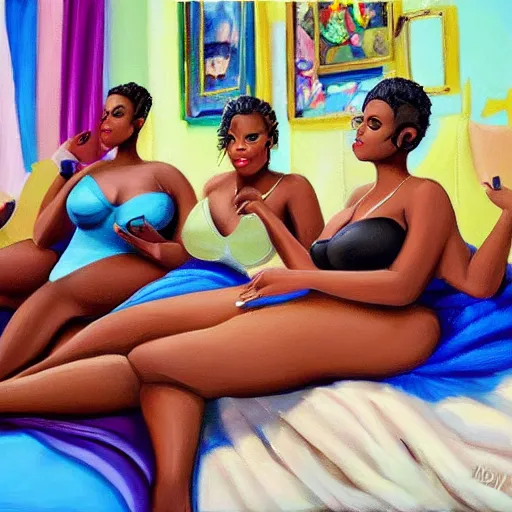 Image similar to photorealistic, stunning, coherent, beautiful painting, still of a group of black bbw models taking a picture of each other posing in the same bed , they are all laying down, one of them is on the phone with her boyfriend , 3d, in the style of pixar, smooth, 3d, highly detailed, highly detailed, sharp focus, bokeh, depth of field, 16k resolution, Unreal Engine 5, coherent, cinematic lighting, photorealistic