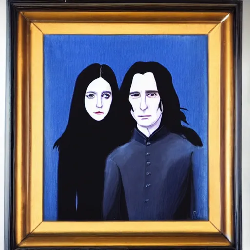 Prompt: A portrait of Severus Snape nd Lily Evans, dark, blue light, black gradient background, oil painting