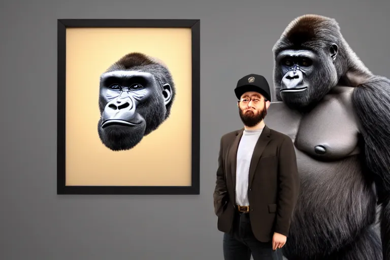 Prompt: Gorilla standing beside a framed portrait of a man wearing a novelty cap with a propeller, hyperrealistic, concept art, 8k, artstation, cinematic, volumetric lighting