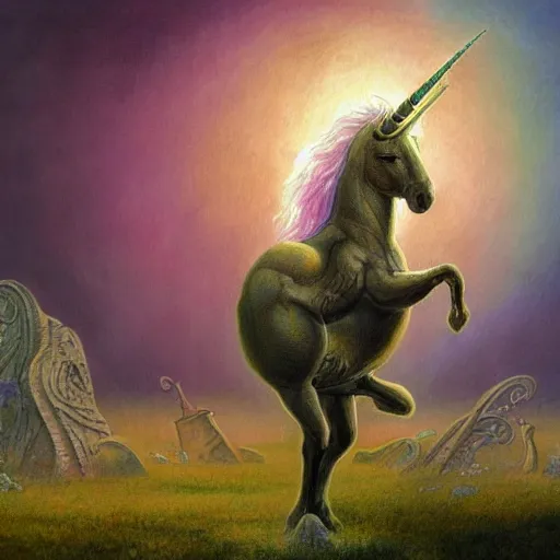 Prompt: a stunning detailed mate painting of a humonid unicorn dancing under a rainbow on a graveyard'by wayne barlowe, existential horror, trending on cgsociety artstation, highly detailed, 8 k, masterpiece, super resolution.