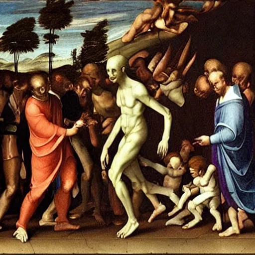 Image similar to alien walking between people, Renaissance painting style