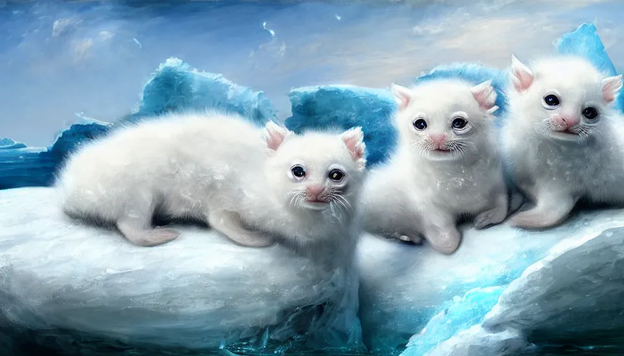 Prompt: highly detailed painting of white cute baby seal furry dragon kitten pandas on a blue and white iceberg by william turner, by greg rutkowski, by william constable, thick brush strokes and visible paint layers, 4 k resolution