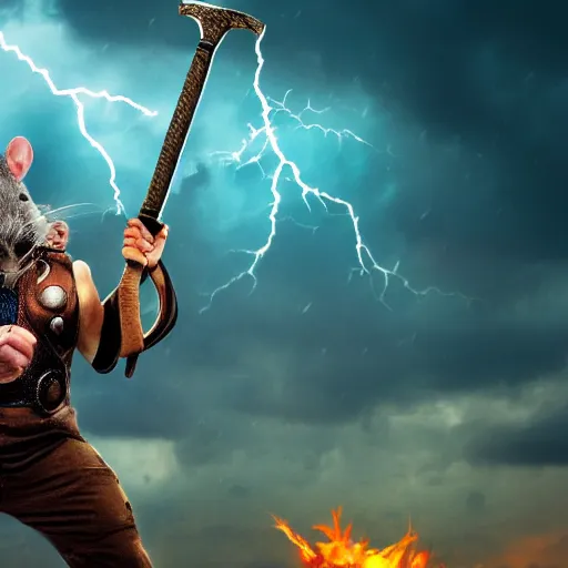 Image similar to the rat thor ~ holding his hammer ~ dramatic thunder background ~ fighting scene ~