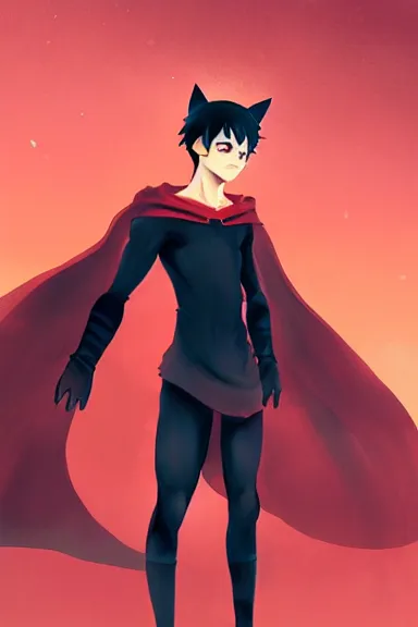 Prompt: little boy with cat ears in an black outfit with red cape. digital artwork made by lois van baarle and kentaro miura, sharpness focus, inspired by hirohiko araki, anatomically correct, heroic composition, hero pose, smooth, night city, hd