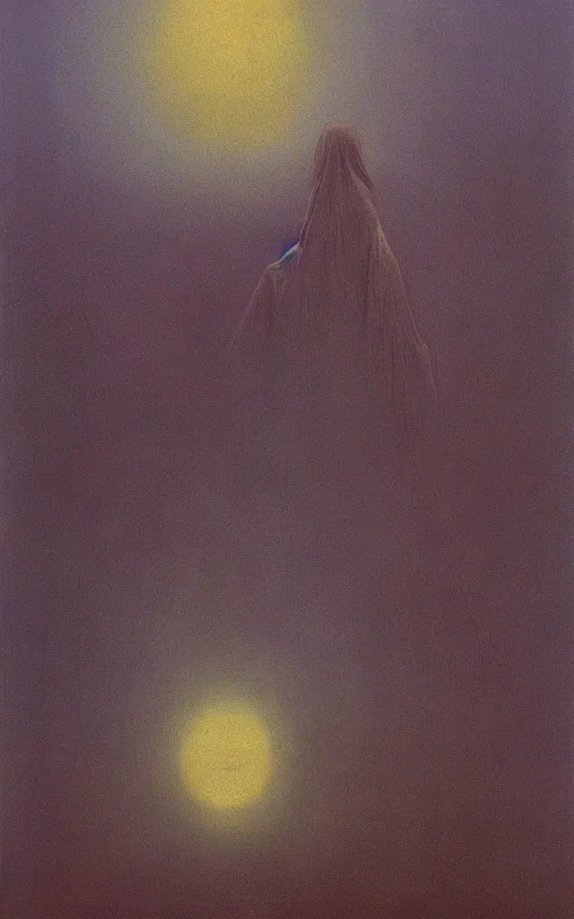 Image similar to iridescent spirit of wrath and fear cruel beautiful spirit with golden eyes lunar mythos ambient fog, award winning oil painting by Zdzisław Beksiński, lunar color palette