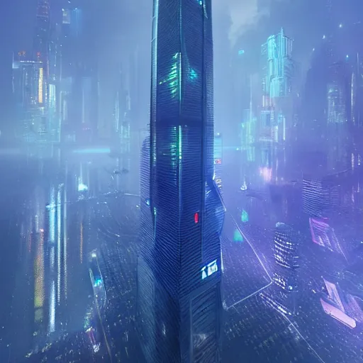 Image similar to cyberpunk shanghai lujiazui in the night seen from below, cityscape, mist, rain, artstation, greg rutkowski, hq