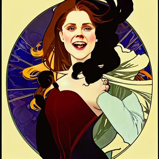 Prompt: Joshua Middleton art, Alphonse Mucha, pretty female Amy Adams, full entire body fun pose, scary vampire, fully black eyes no pupils, sharp vampire teeth smile open mouth, sarcastic evil smile, horror symmetrical face, symmetrical eyes, black Victorian dress, long curl red hair, outside in snow snowing