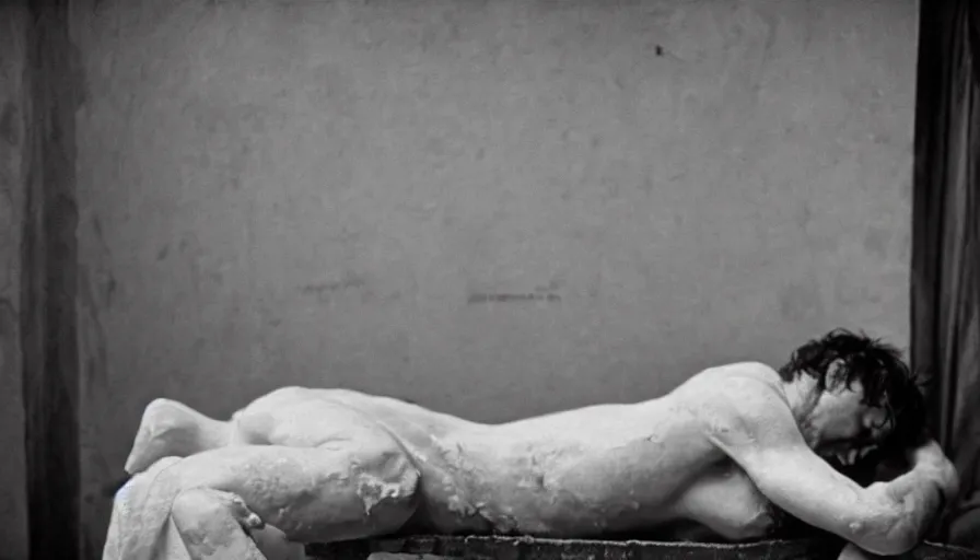 Image similar to movie still of jean - paul marat a wound at the chest, in the bath, cinestill 8 0 0 t 3 5 mm b & w, high quality, heavy grain, high detail, cinematic composition, dramatic light, anamorphic, ultra wide lens, hyperrealistic, by josef sudek