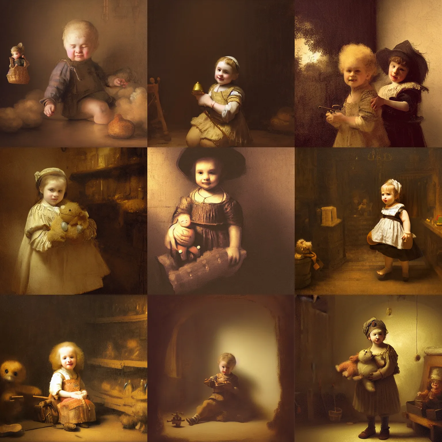 Prompt: a matte painting of an adorable child holding a doll in a toy shop by rembrandt, mumford, and Greg Rutkowski, baroque, soft lighting