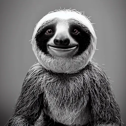 Prompt: black and white studio portrait photo of a cute sloth