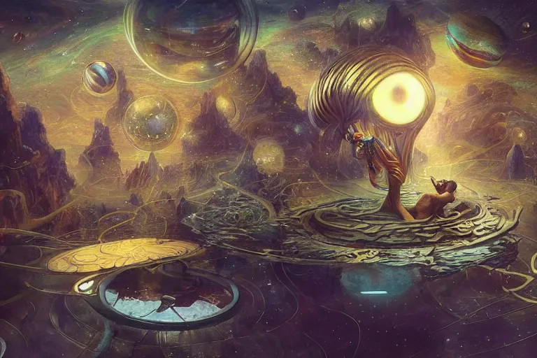 Prompt: Esao Andrews, scifi nightscape, planets, hyperrealistic surrealism, award winning masterpiece with incredible details, epic stunning, physically accurate, moody dynamic lighting, very very intricate, very very elegant, highly detailed, infinity concentric pool, a surreal vaporwave liminal space, highly detailed, trending on ArtStation, artgerm and greg rutkowski and alphonse mucha, daily deviation, IAMAG, broken giant vaporwave marble head statue ruins, calming, meditative