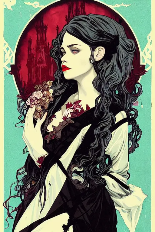 Image similar to beautiful gothic vampire girl propaganda screen printing movie poster, art style by sachin teng, artgerm, alphonse mucha, graffiti street art, iconic, masterpiece, organic painting, hard edges, ornate and hyper detailed