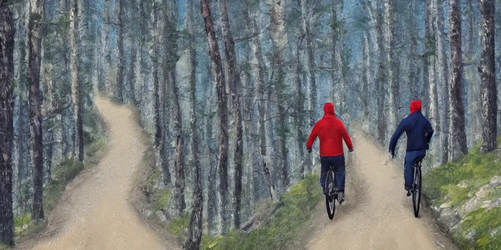 Image similar to Exact two men biking alone up a steep forest hill. One with a deep dark blue sweater and the other with a wine red sweater. sweaty. Oil painting. Emotional. Trending on artstation. Steep. Nordic Trees. Rustic. Artistic.