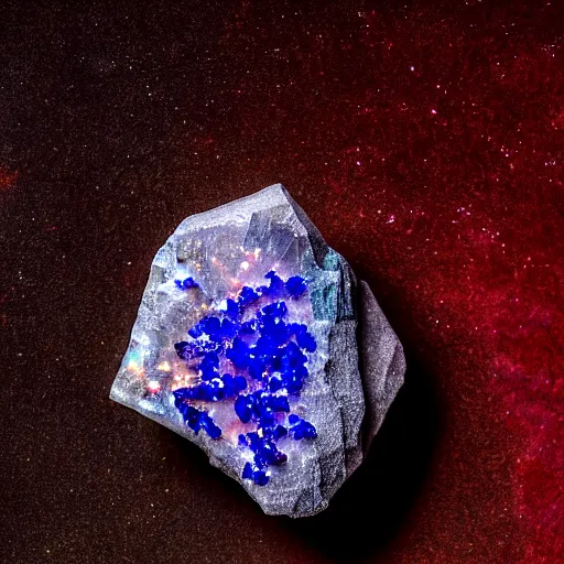 Prompt: a mineral rock, in a dark studio room. Photography of rare minerals. Tanzanite, Red Beryl, Bixbite, Red Emerald, Scarlet Emerald, Opal, Quartz, Elbaite, Calcite, Kunzite. in the style of Mike Rathke.