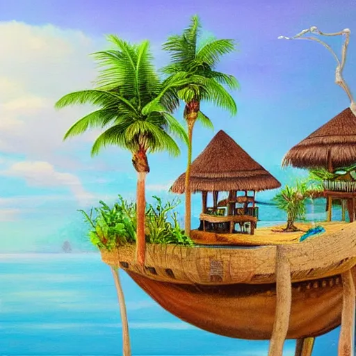 Image similar to fancy tropical treehouse on the beach of a floating island in the sky detailed photo realistic magical realism painting 8k