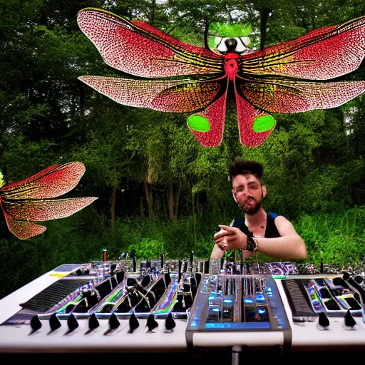 Image similar to A hd photo of a Dj playing his mixer in a rave with a lot of dragonflies around