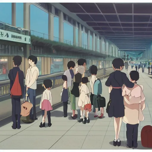 Image similar to A family saying goodbye to their children at a busy plane train station, by Dice Tsutsumi, Makoto Shinkai, Studio Ghibli