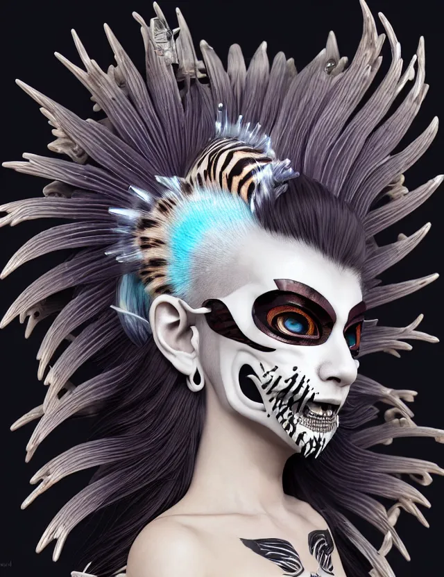 Image similar to 3 d goddess close - up profile simple portrait punk with mohawk with tiger skull. beautiful intricately detailed japanese crow kitsune mask and clasical japanese kimono. betta fish, jellyfish phoenix, bio luminescent, plasma, ice, water, wind, creature, artwork by tooth wu and wlop and beeple and greg rutkowski