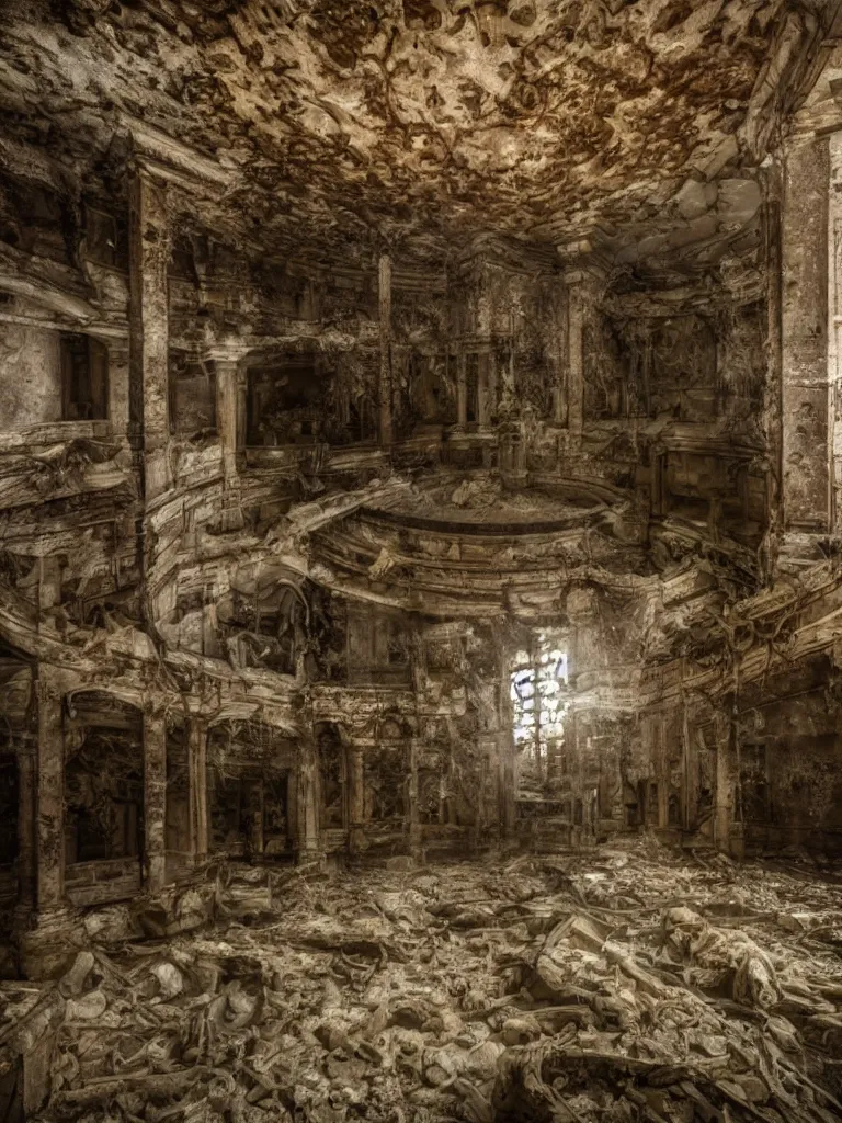 Image similar to shoggoth in an abandoned roman bathhouse, cinematic, realistic photography