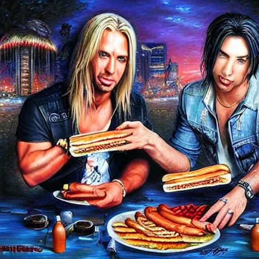 Image similar to portrait of brett michaels and criss angel sharing hotdogs, an oil painting by ross tran and thomas kincade