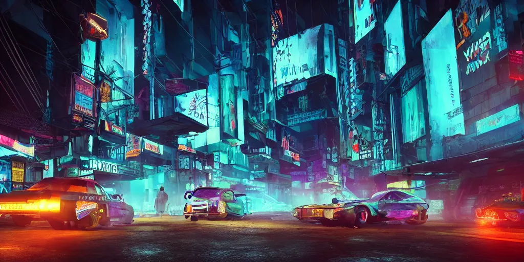 Image similar to a 3 d rendered in unreal engine guatemalan cyberpunk city with neon ads and signs with evocative dramatic mood with blade runner vibe with cars with motion blur with depth of field with bloom with lightshaft with volumetric lights, fog, by scott robertson, oscar winning graphics, photo realistic, bloom, imax, dynamic lighting, artstation,