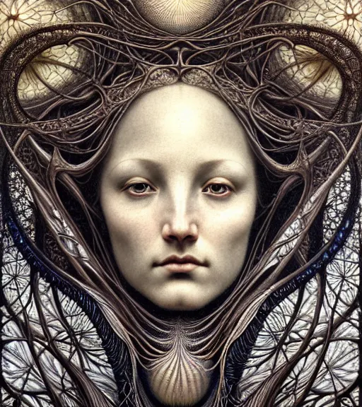 Image similar to detailed realistic beautiful equinox goddess face portrait by jean delville, gustave dore, iris van herpen and marco mazzoni, art forms of nature by ernst haeckel, art nouveau, symbolist, visionary, gothic, neo - gothic, pre - raphaelite, fractal lace, intricate alien botanicals, ai biodiversity, surreality, hyperdetailed ultrasharp octane render