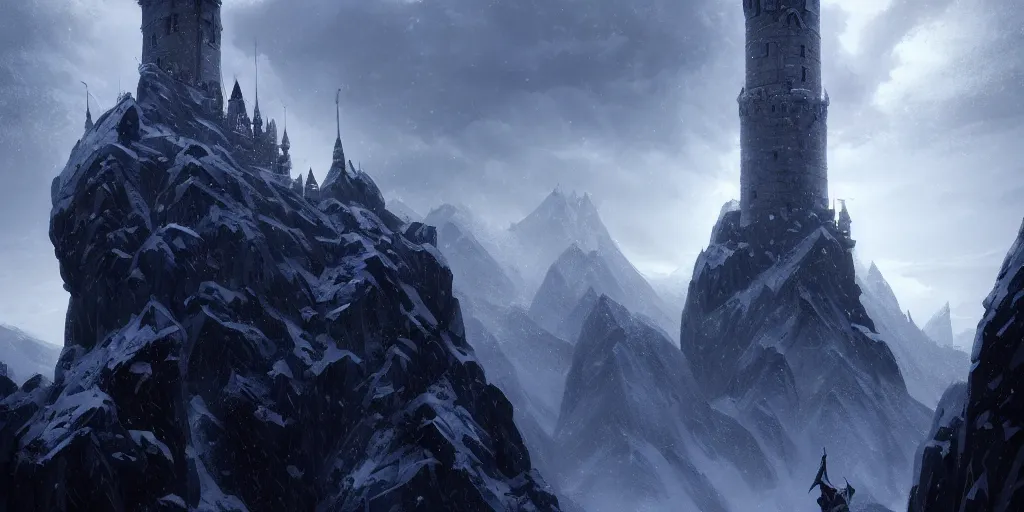 Prompt: a tall tower castle at the peak of a snowy sharp mountain range. in style of greg rutkowski and hyung - tae kim, trending on artstation, dark fantasy, great composition, concept art, highly detailed, dynamic pose, vibrant colours, epic, 8 k.