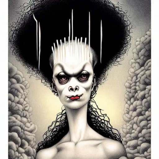 Prompt: bride of frankenstein, dynamic energic pose, in the style of nicoletta ceccoli, mark ryden, lostfish, earl norem, surrealism, dark art by james jean, takato yamamoto