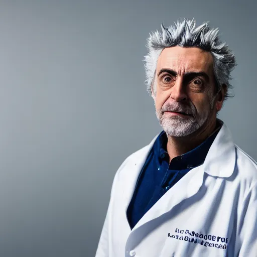 Prompt: portrait photo still of real life rick sanchez wearing a labcoat 8 k, 8 5 mm f 1. 8