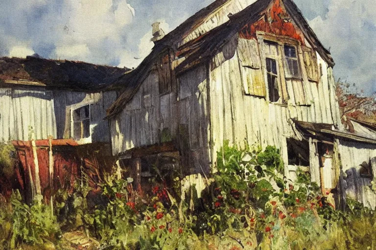 Prompt: old house with clothing line, sunny, dappled light, anders zorn