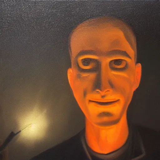 Prompt: creepy oil painting of a discord moderator with a bright light shining on him in the dark.