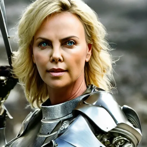Image similar to Charlize Theron as a Terminator sent back in time to King Arthur's court, knights, beautiful, detailed, epic action, 4k cinematic action, by James Cameron