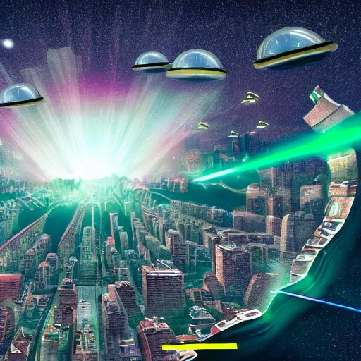 Image similar to flying saucers destroying a city with lasers