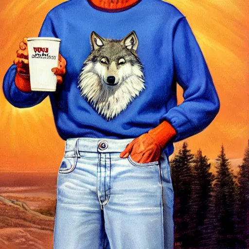 Prompt: Wolf as a human, wearing sweatshirt, holding beer, artwork by Earl Norem,