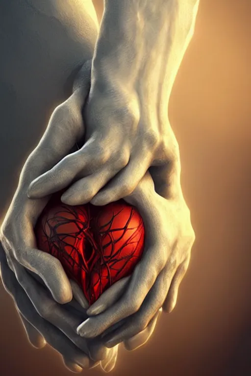 Prompt: a digital painting of a wizard man holding between his hands an anatomical realistic human heart, by netter, style from greg rutkowski, full frame, rendered in octane, 3d, artstation shutterstock photographs