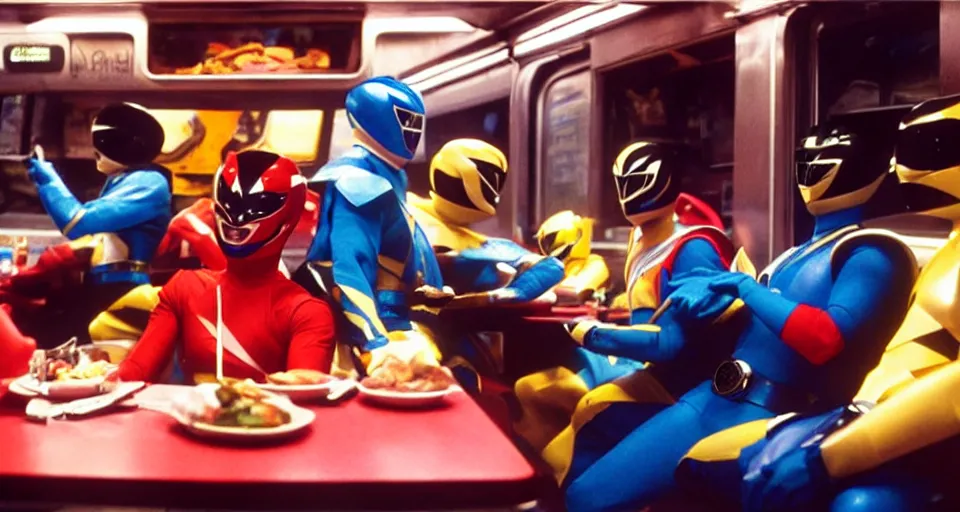 Prompt: Power Rangers film, a scene where A Power Ranger is eating only alone in a dark diner, he is tired and sitting on the subway Seats, Dark cinematic color tones.