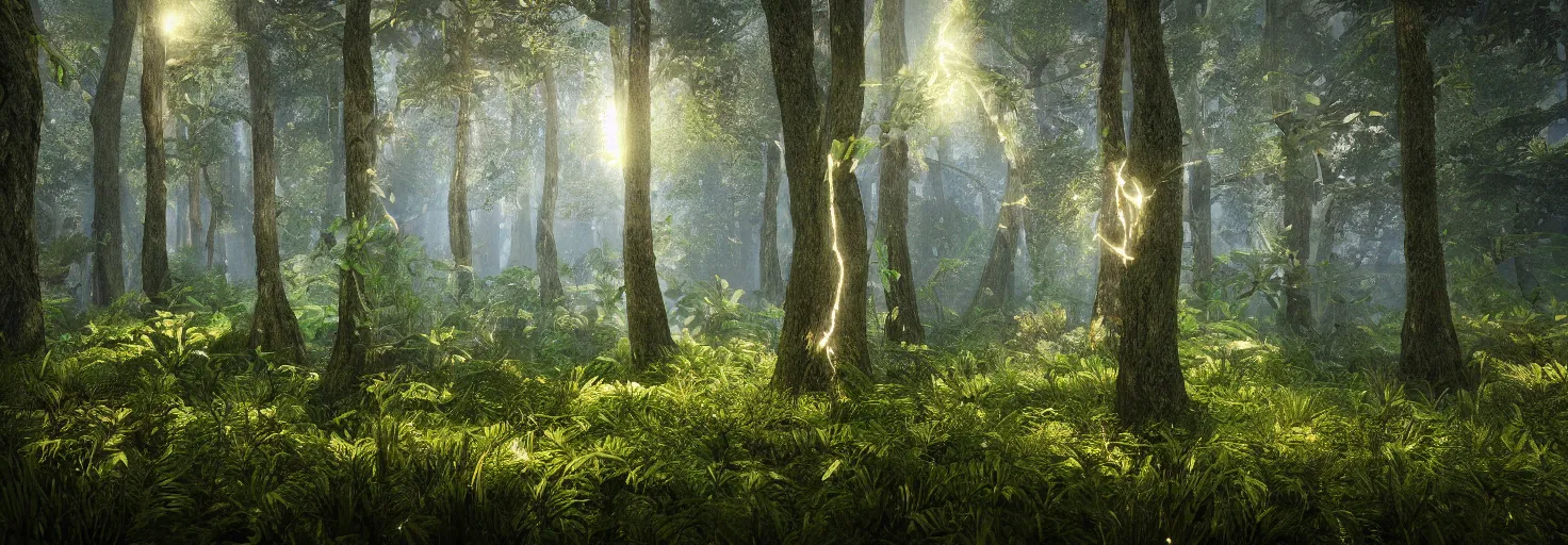 Image similar to a forest with glowing plants, wide shot, cinematic, ultra realistic, ultra detailed