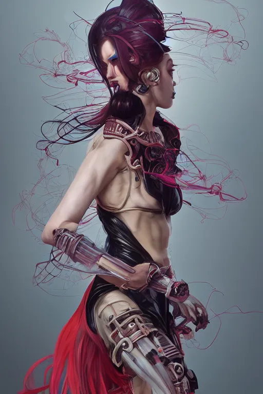 Image similar to > professional dynamtic portrait of female an agile geisha cyberpunk in a dynamic pose , armor elements , long red hair, beautiful bone structure, symmetrical facial features, intricate, elegant, digital painting, concept art, smooth, sharp focus, illustration, by Ruan Jia and Mandy Jurgens , and mucha, and Artgerm and William-Adolphe Bouguerea