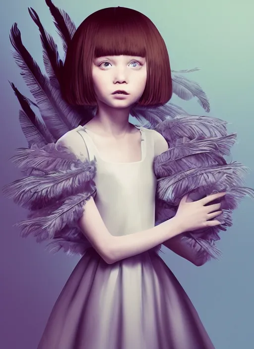 Image similar to little girl with an eccentric haircut wearing an dress made of feathers, artwork made by ilya kuvshinov, full character