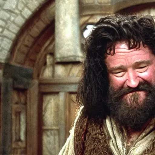 Image similar to Robin Williams playing Hagrid in Harry Potter, screenshot