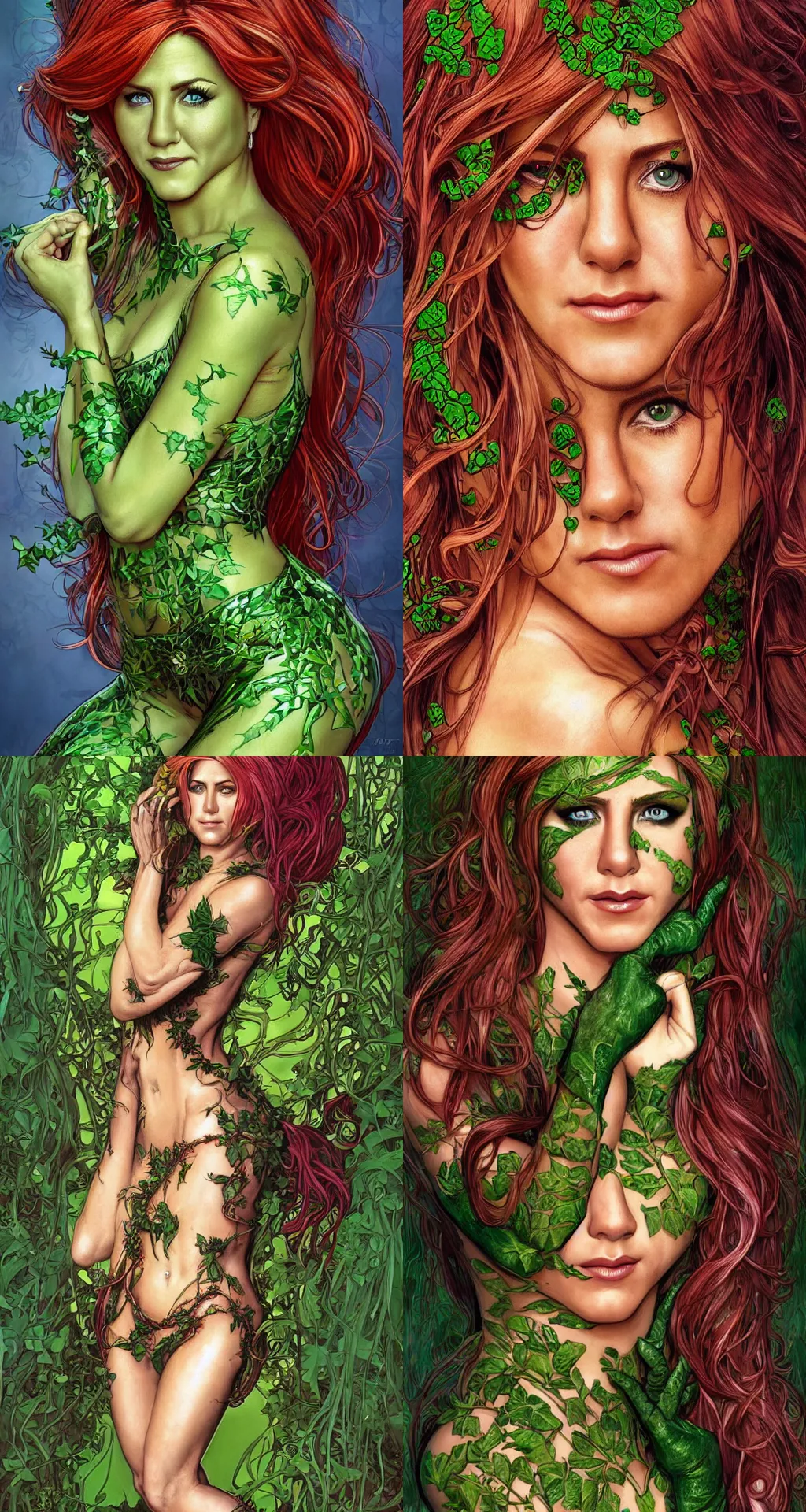 Prompt: Jennifer Aniston as Poison Ivy, cute, fantasy, intricate, elegant, highly detailed, digital painting, 4k, HDR, concept art, smooth, sharp focus, illustration, art by artgerm and H R Giger and alphonse mucha