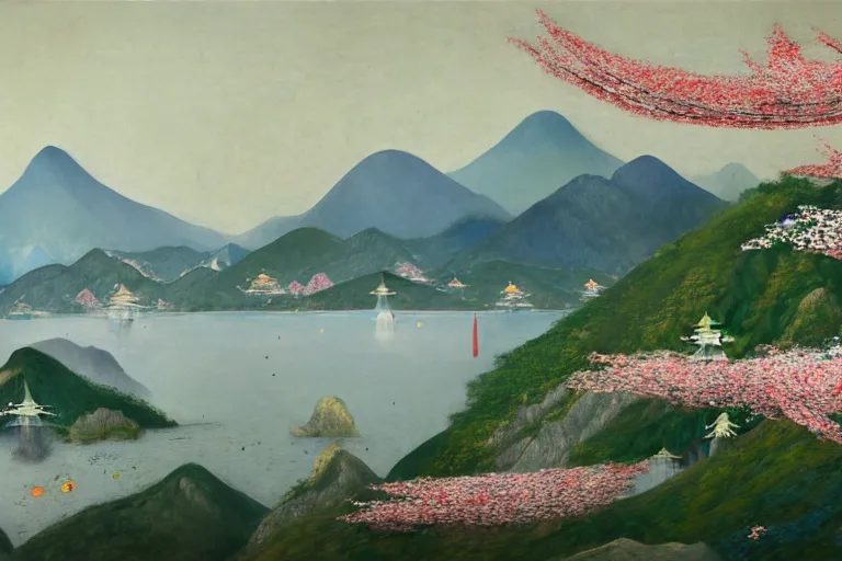 Image similar to an ultradetailed landscape painting of a panorama view of westlake in china, pagodas on hills, osmanthus blossoms nearby, fine wind, highly detailed, artstation, concept art, smooth, sharp focus, illustration, by hilma af klint, 8 k