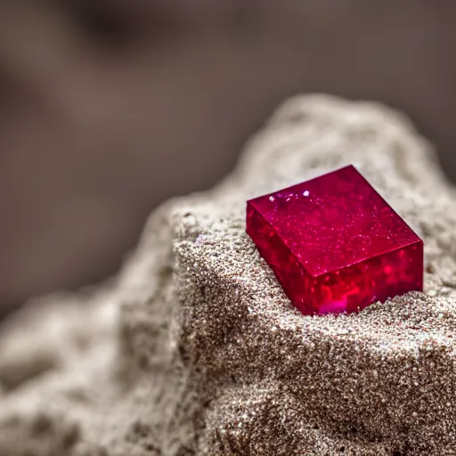 Image similar to cube shaped ruby standing on sand, macro photo, high detail, nikon d 8 1 0, ƒ / 5. 6, focal length : 6 0. 0 mm, iso : 2 0 0