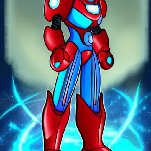 Image similar to mega man's kid sister. iron man, cyberpunk, anime, no helmet, long blue hair on her head, gold armor