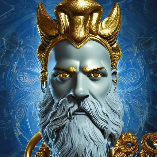 Image similar to Zeus, God, Character Design, Digital Art, Gold Light, Blue Mist, 8K, insanely detailed and intricate, ornate, hyper realistic, super detailed, Artstation, Octane render, in the style of James Jean