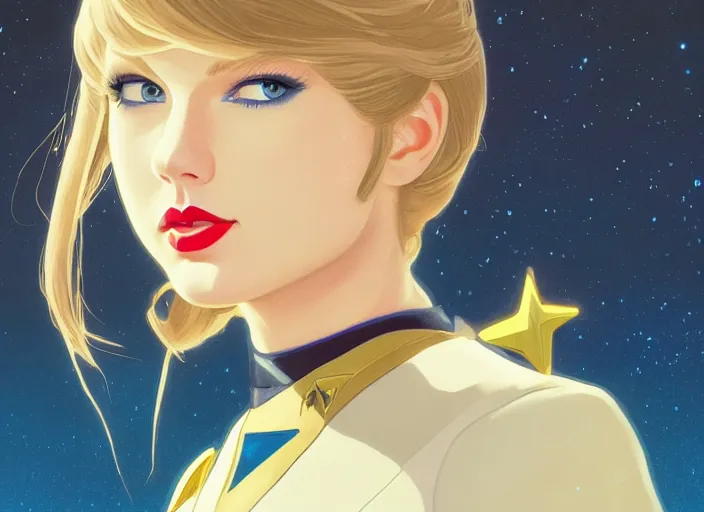 Image similar to a disney film still of taylor swift as a star trek officer, finely detailed features, closeup of the face, perfect art, dusk, blue hour, gapmoe yandere grimdark, trending on pixiv fanbox, painted by greg rutkowski, makoto shinkai, takashi takeuchi, alphonse mucha, akihiko yoshida