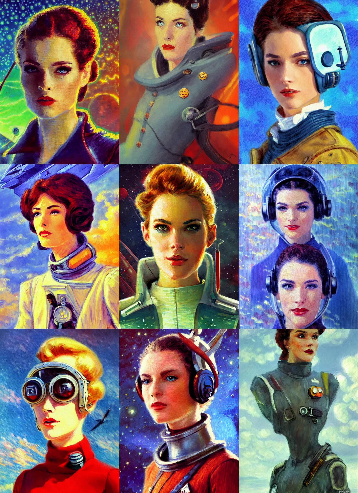 Image similar to impressionism painting of a d & d style retro sci - fi pilot beautiful face and wearing full detailed clothing